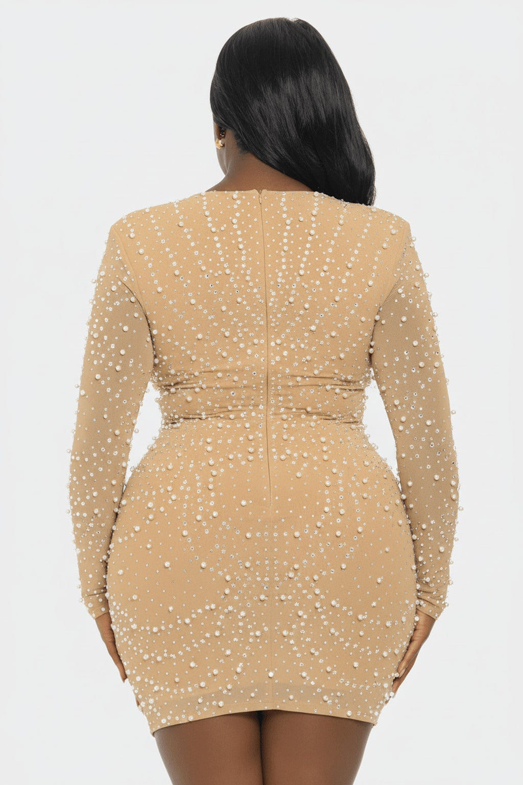Nude Pearl Rhinestone Long Sleeve Plunge Bodycon Mini Dress - Back View