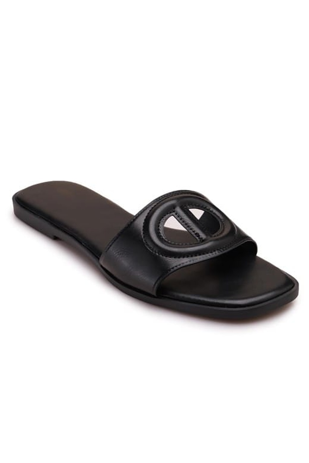 Black women's square toe flat slide sandal with geometric cutout strap