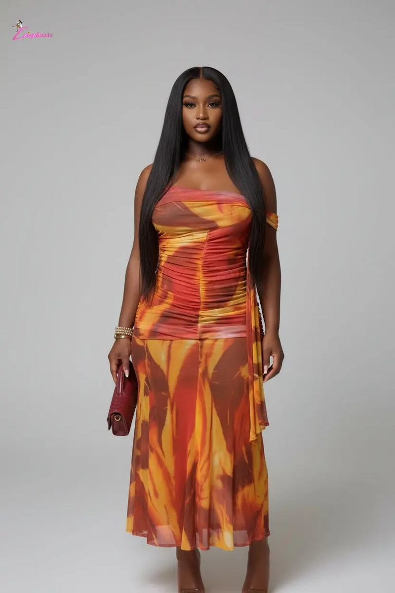 Abstract Print Ruched Off-Shoulder Maxi Dress