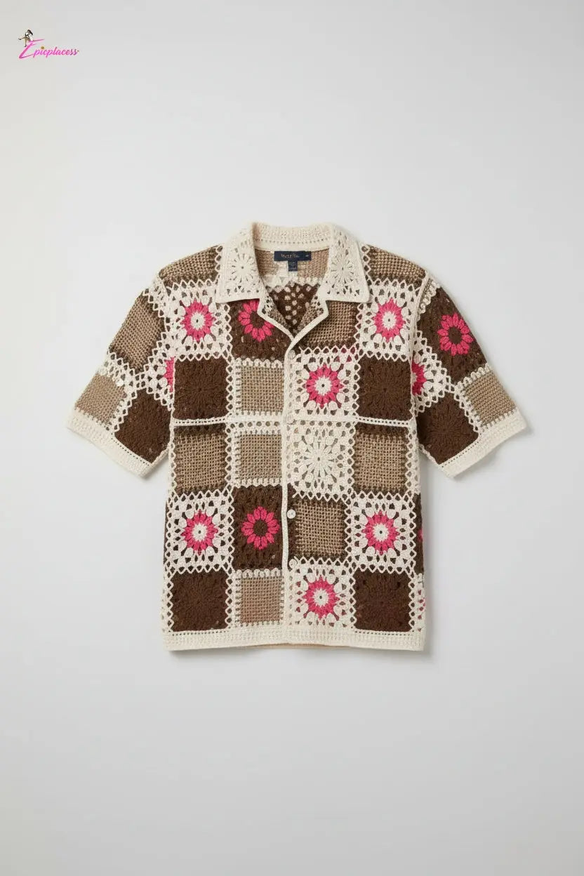 Brown Granny Square Patchwork Crochet Open-Knit Shirt Epicplacess