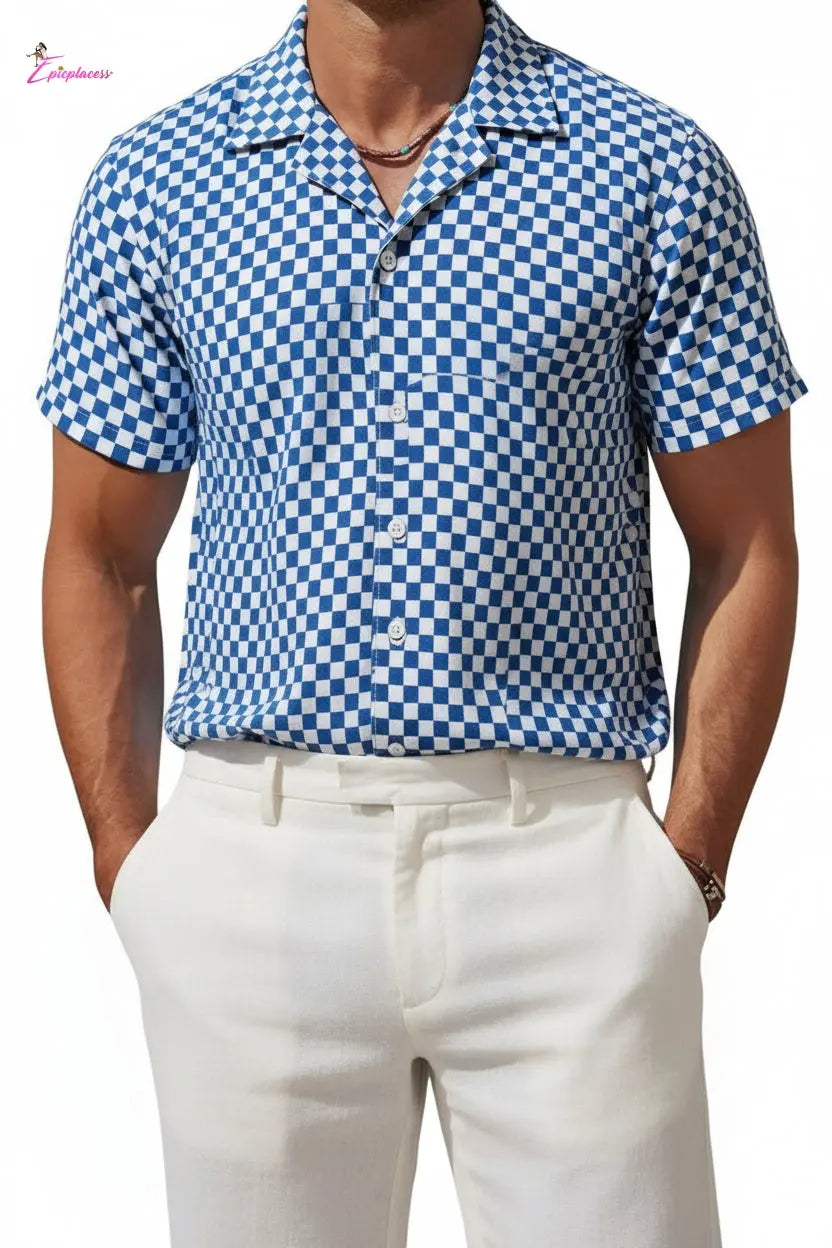 Checker board Cuban Short-Sleeve Button-Up Shirt Epicplacess