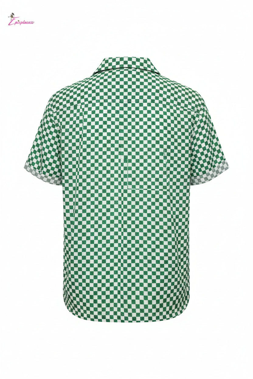 Checker board Cuban Short-Sleeve Button-Up Shirt Epicplacess