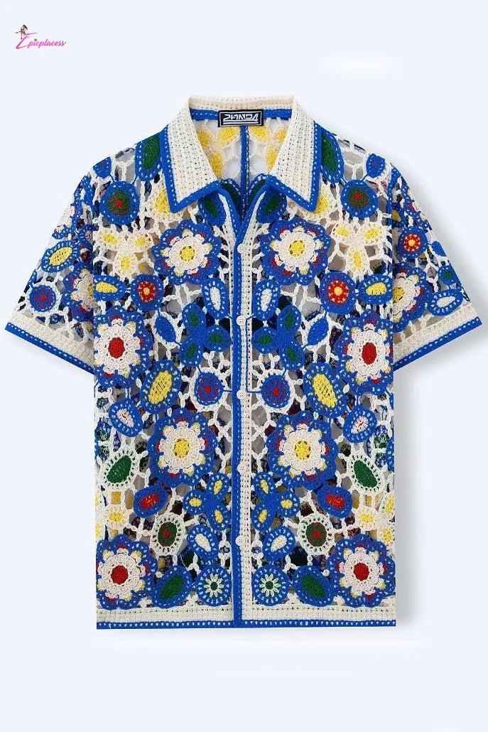 Cobalt Blue & Ivory Floral Medallion Crochet Open-Knit Shirt Epicplacess