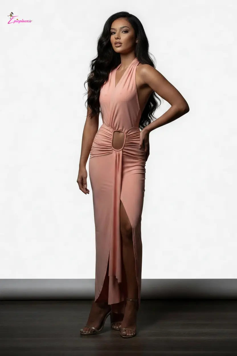 Deep Plunge Halter Maxi Dress in Blush Pink - Front Studio Edit