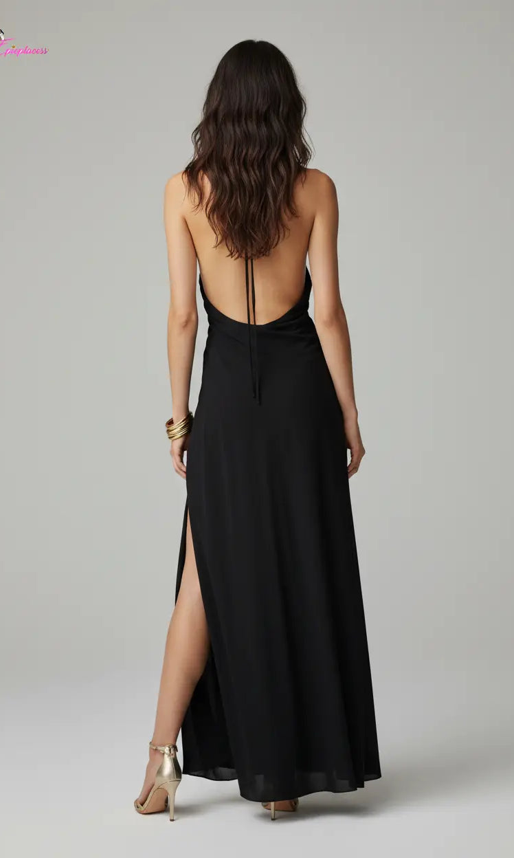 Black draped halter maxi dress - back view