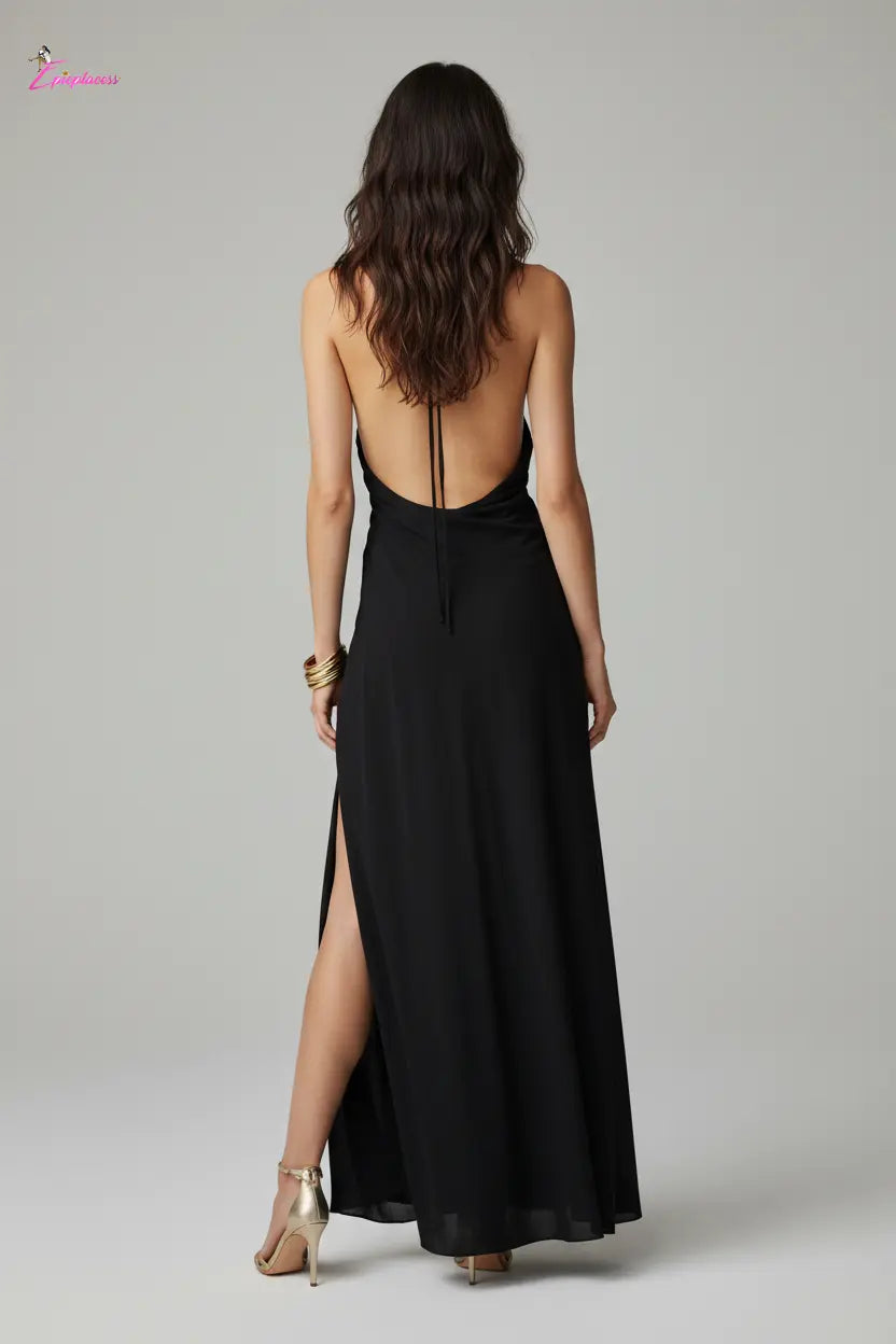 Black draped halter maxi dress - back view