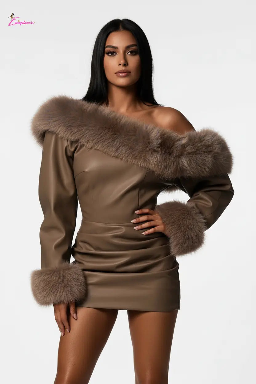 Fur Trim Faux Leather Mini Dress - Epicplacess