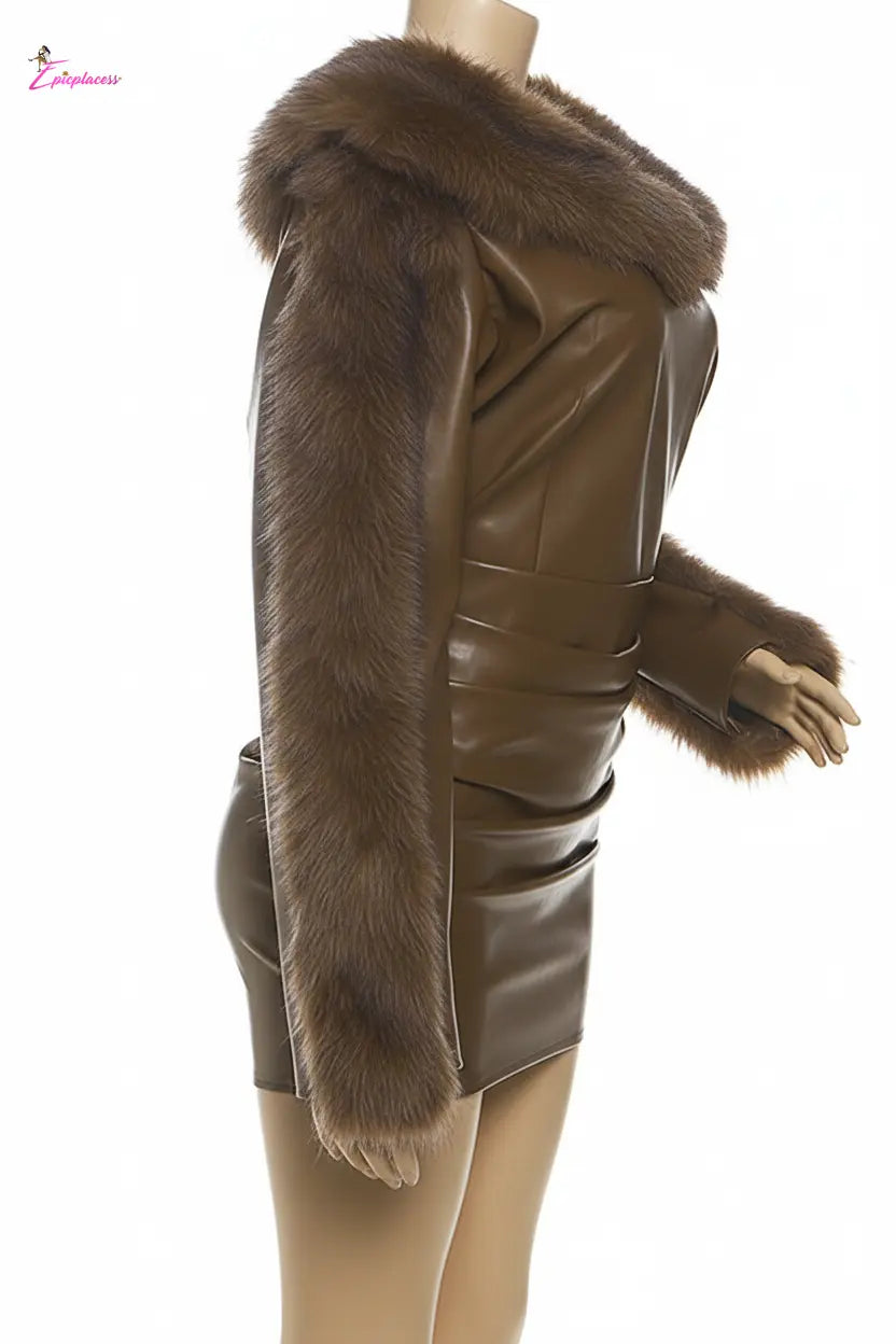 Fur Trim Faux Leather Mini Dress - Epicplacess