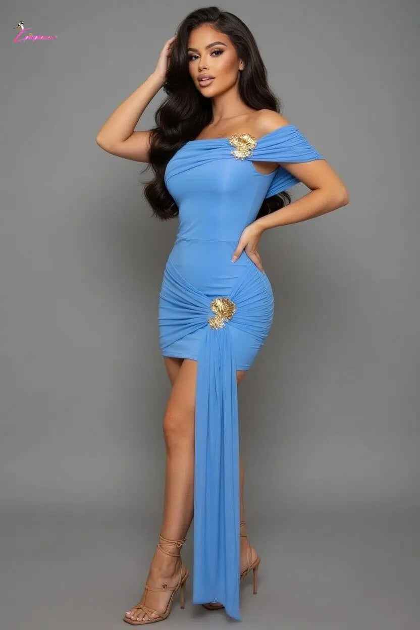 Gold Brooch Off-Shoulder Ruched Maxi Dress - Epicplacess