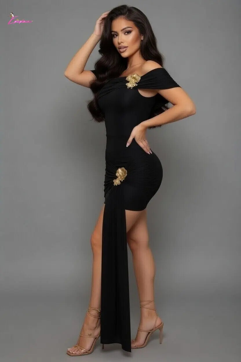 Gold Brooch Off-Shoulder Ruched Maxi Dress - Epicplacess