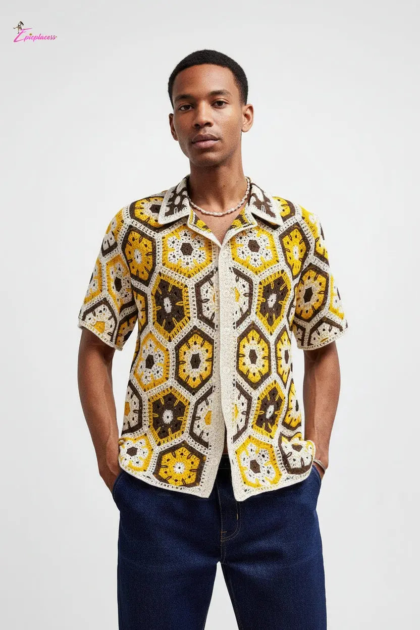 Golden Honeycomb Hexagon Crochet Open-Knit Button-Up Shirt - Epicplacess