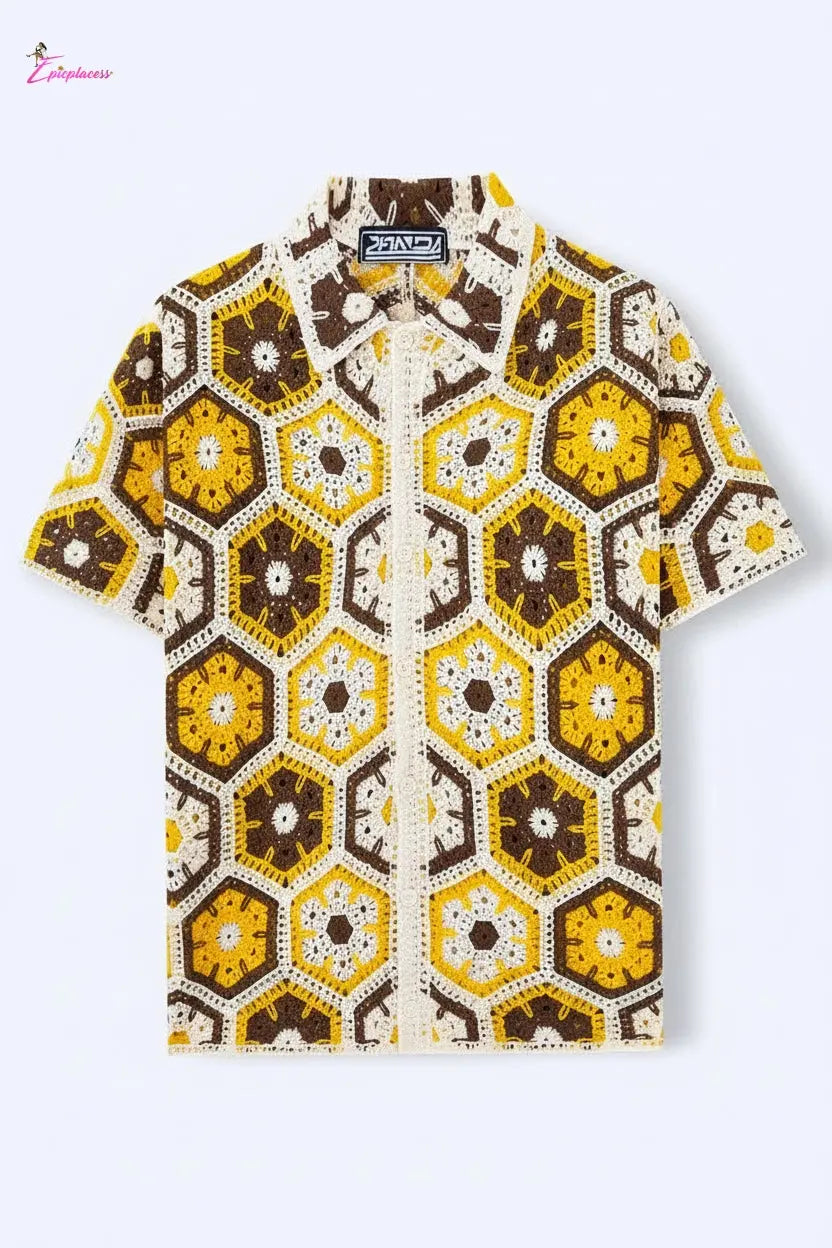 Golden Honeycomb Hexagon Crochet Open-Knit Button-Up Shirt - Epicplacess