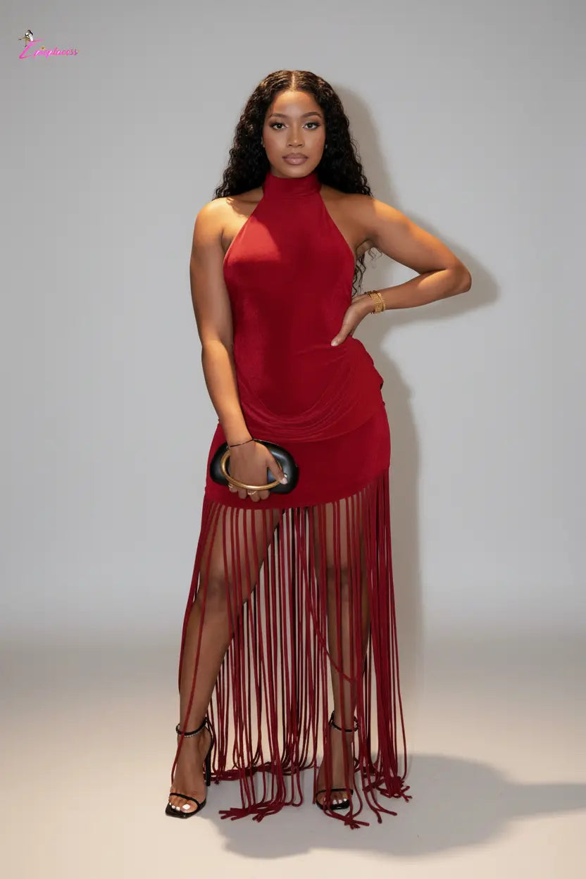 Halter Fringe Dress Red - Front