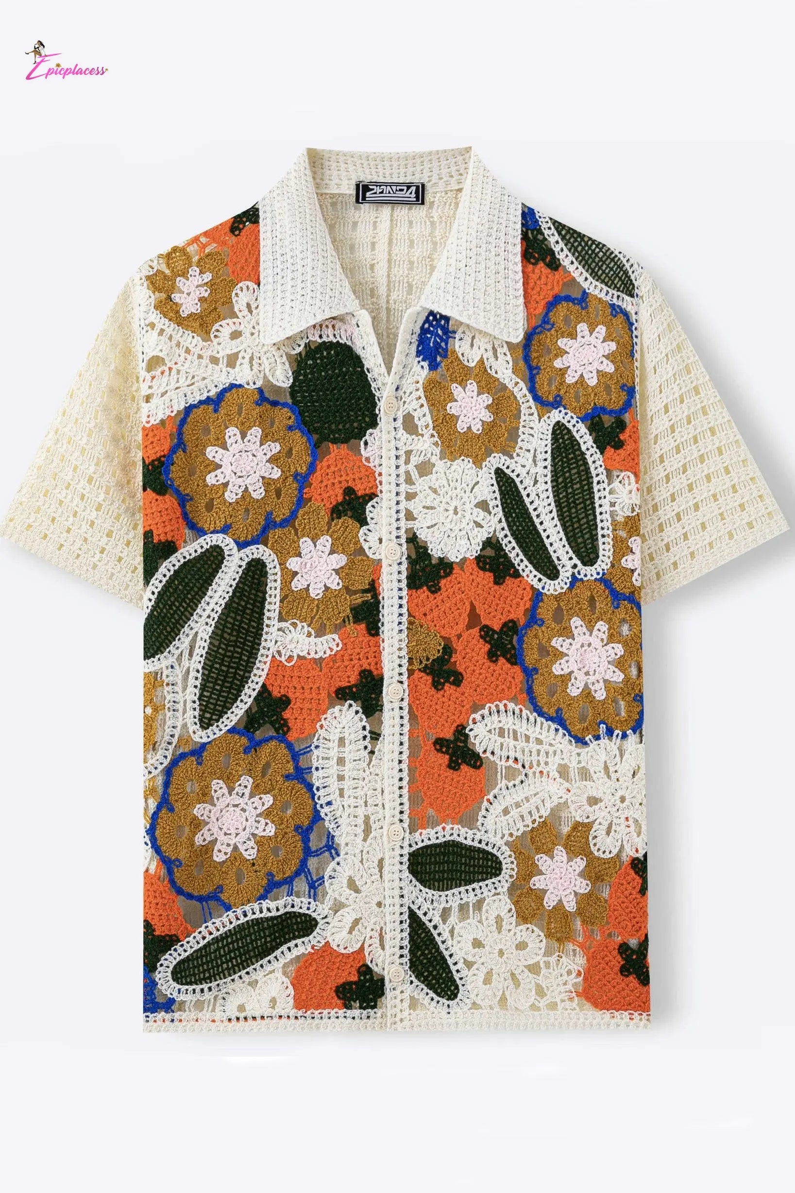 Ivory Abstract Floral & Leaf Crochet Open-Knit Shirt Epicplacess