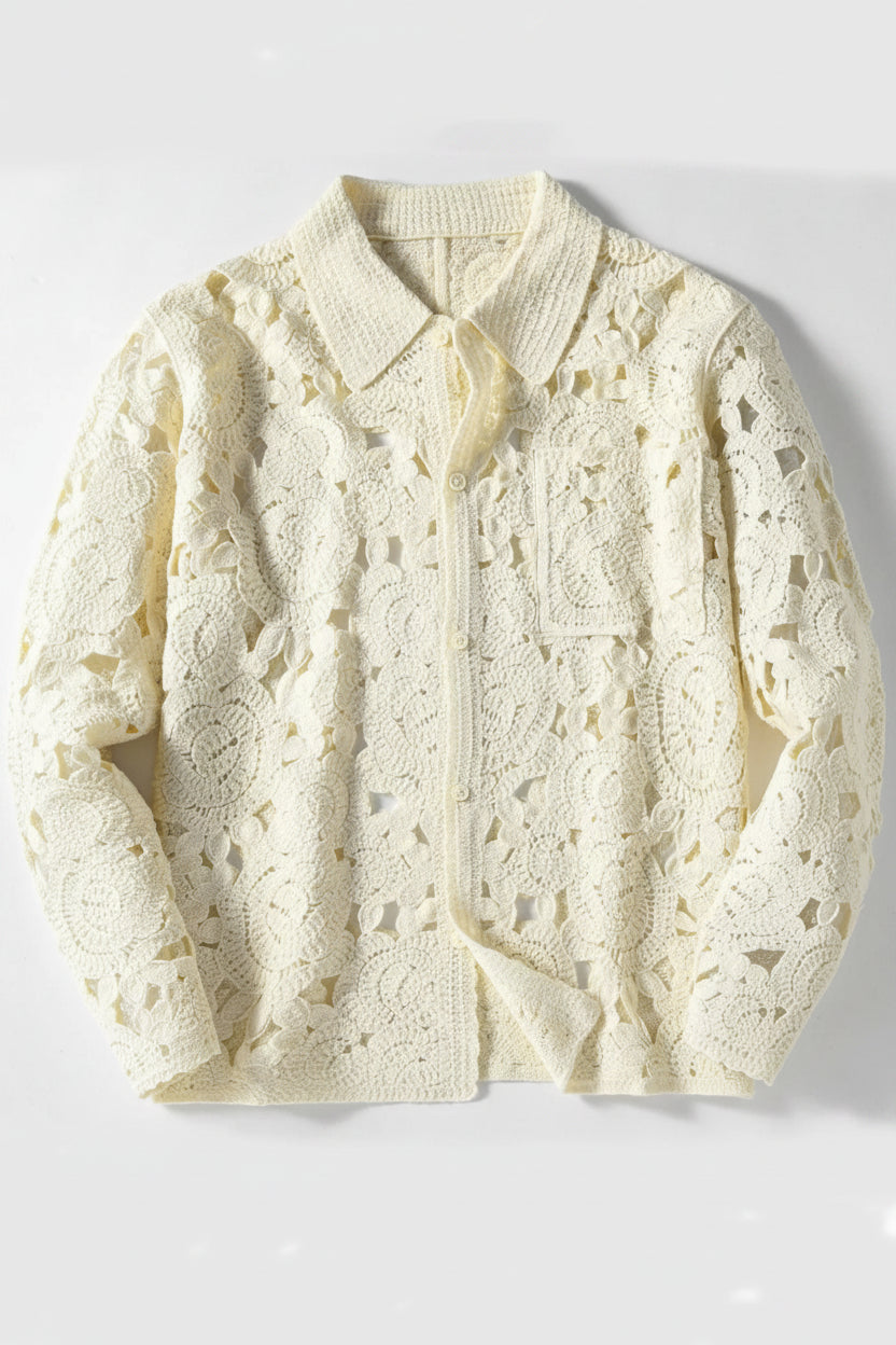 Ivory Floral Medallion Lace Open-Knit Long-Sleeve Button-Up Shirt Epicplacess