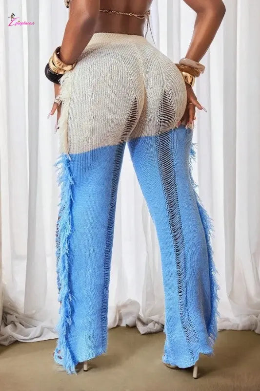 Ivory & Blue Distressed Fringe Flare Pants - Epicplacess