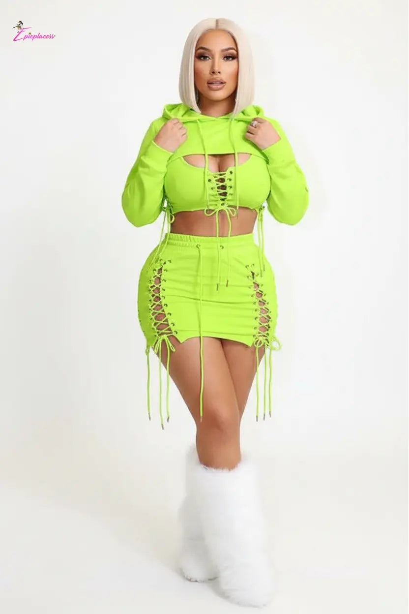 Neon lime green lace-up crop top and mini skirt set - front with hood