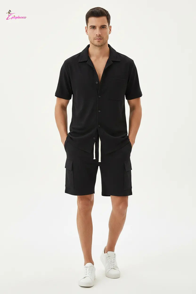Men's black short sleeve button-up cargo shorts set - front view