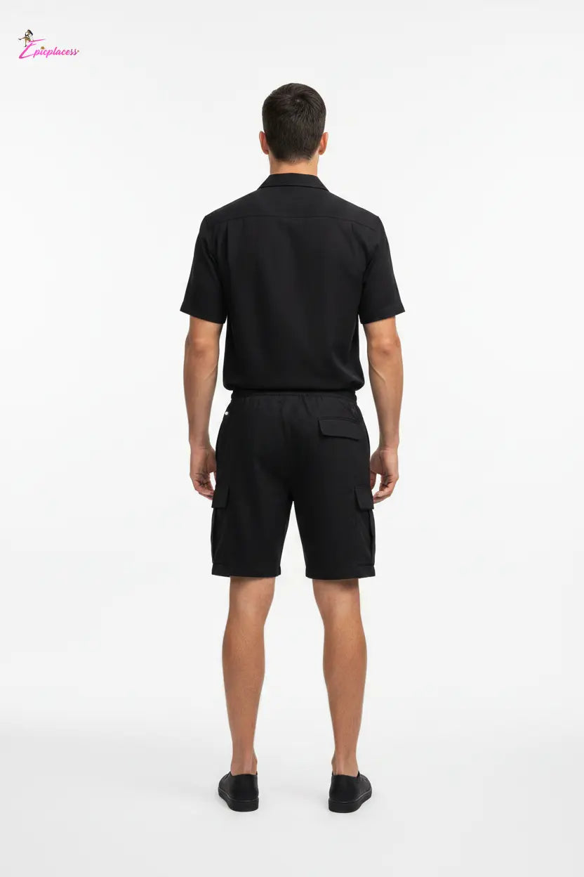 Men's black short sleeve button-up cargo shorts set - back view