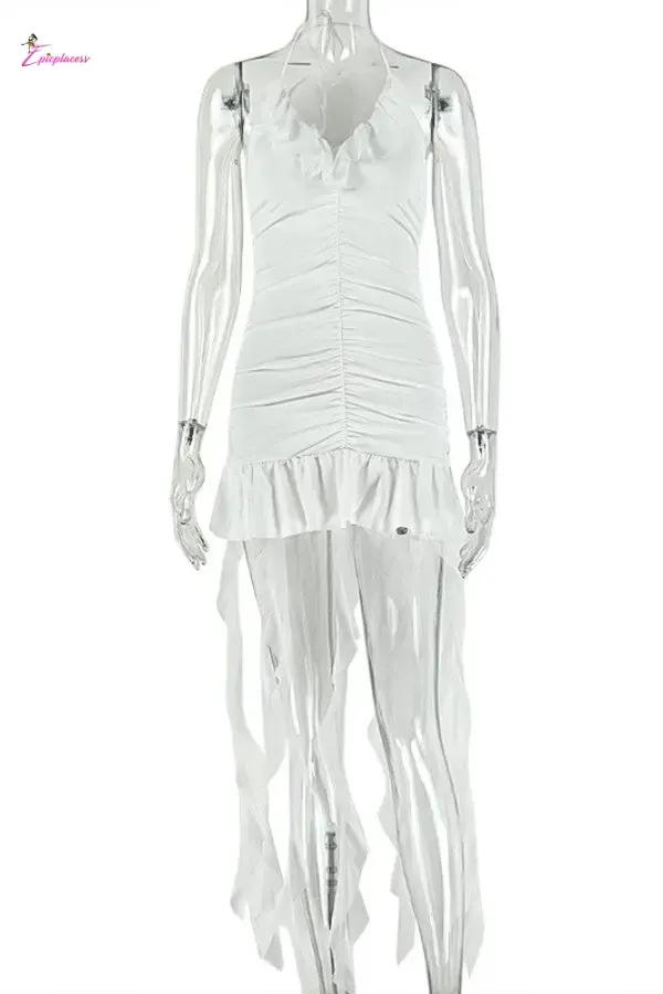 Midnight & Ivory Ruched Halter Fringe Dress - Epicplacess