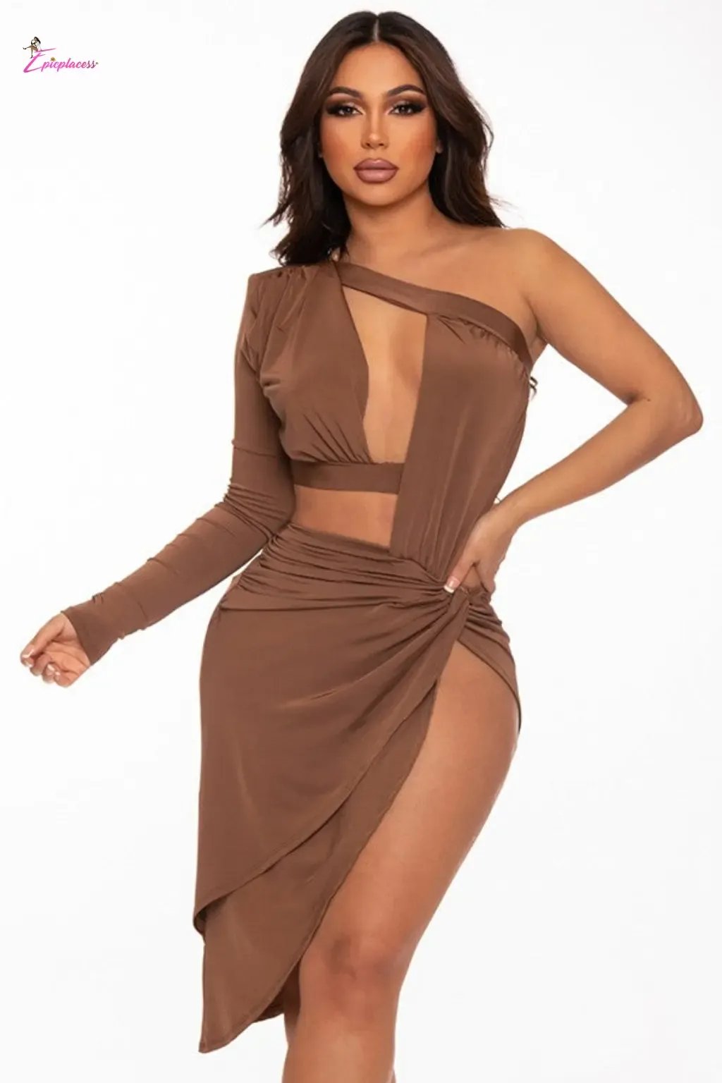 Mocha one-shoulder cutout ruched mini dress - Epicplacess
