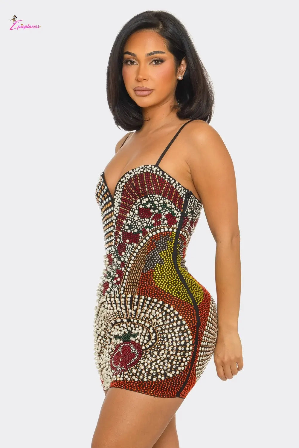 Multicolor Rhinestone & Pearl Embellished Bodycon Mini Dress - Epicplacess