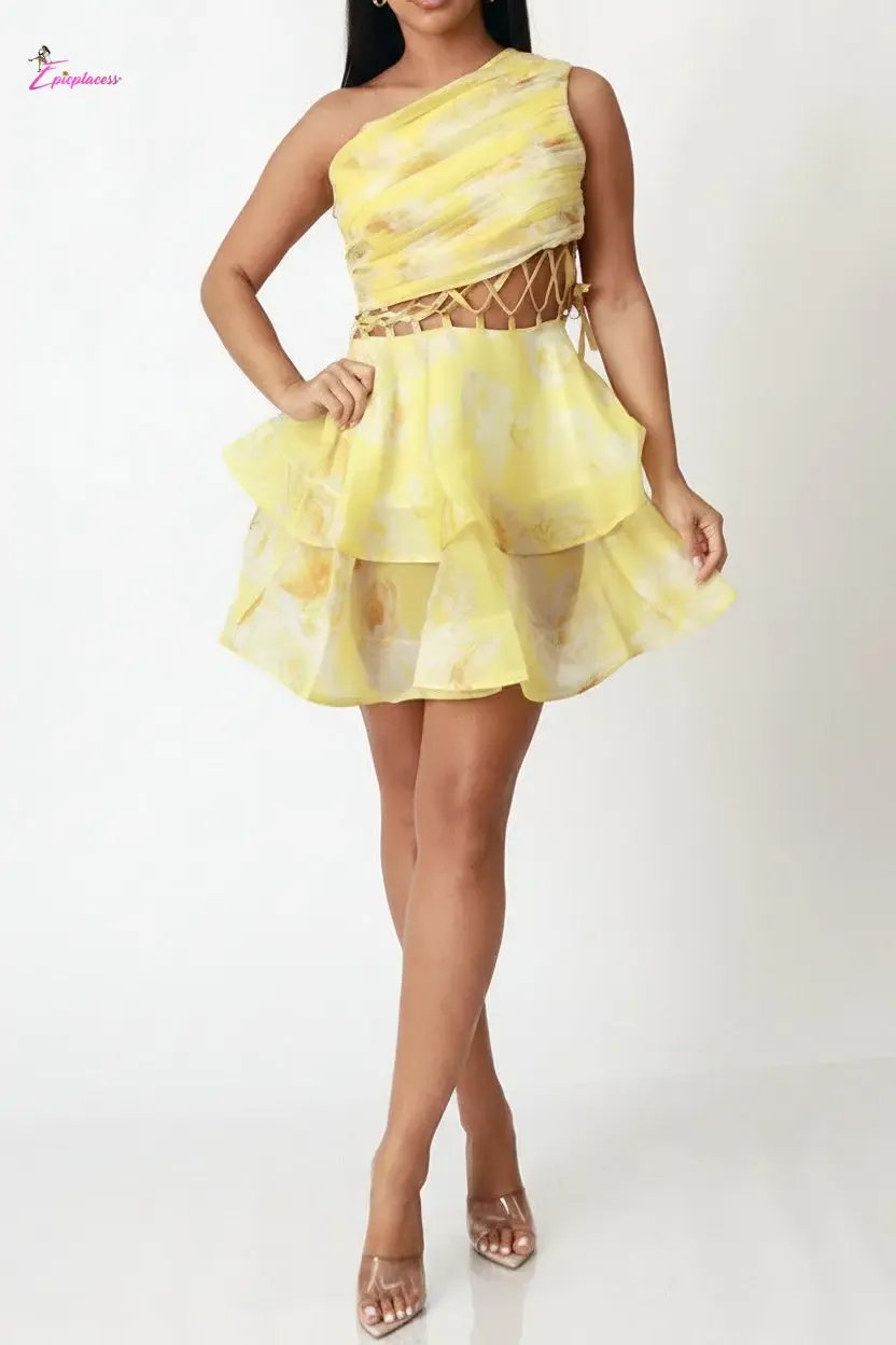 One-Shoulder Lace-Up Corset Tiered Organza Mini Dress | Floral - Epicplacess