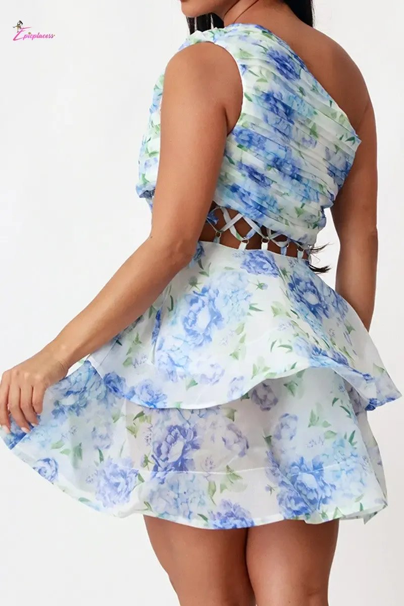 One-Shoulder Lace-Up Corset Tiered Organza Mini Dress | Floral - Epicplacess