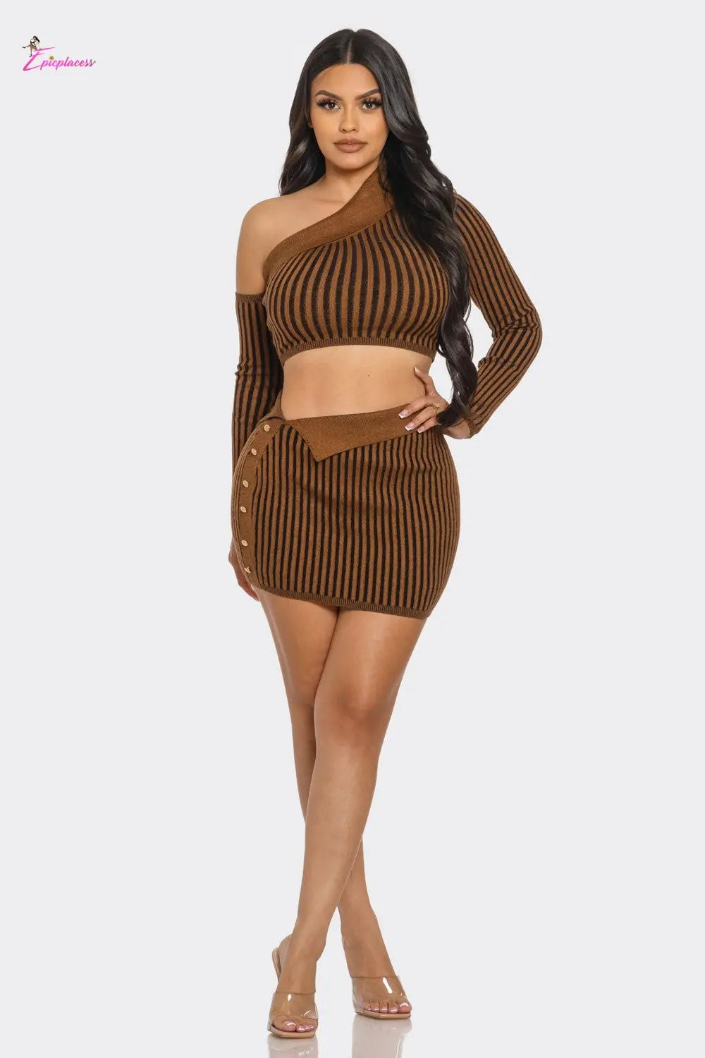 One-Shoulder Striped Ribbed Knit Crop Top Mini Skirt Set - Epicplacess