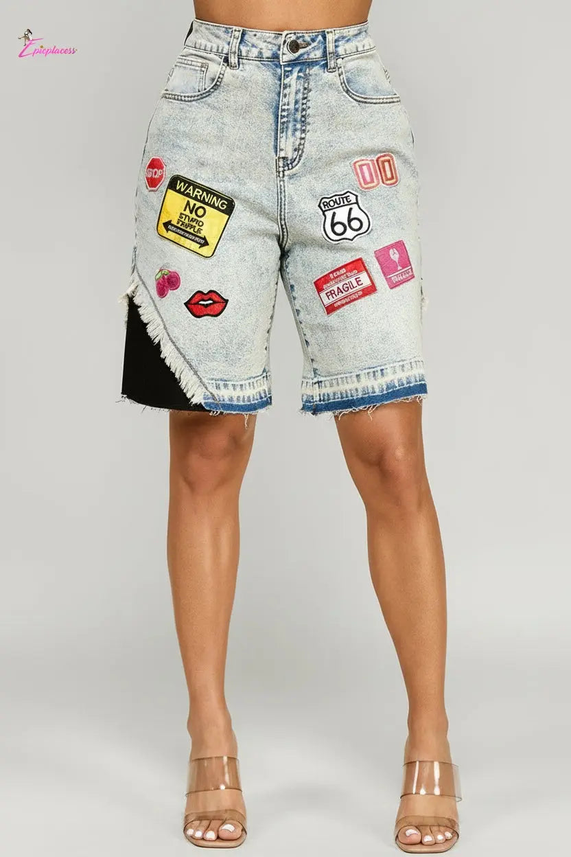 Patch Graphic Denim Bermuda Shorts | Light Acid Wash Hi-Rise