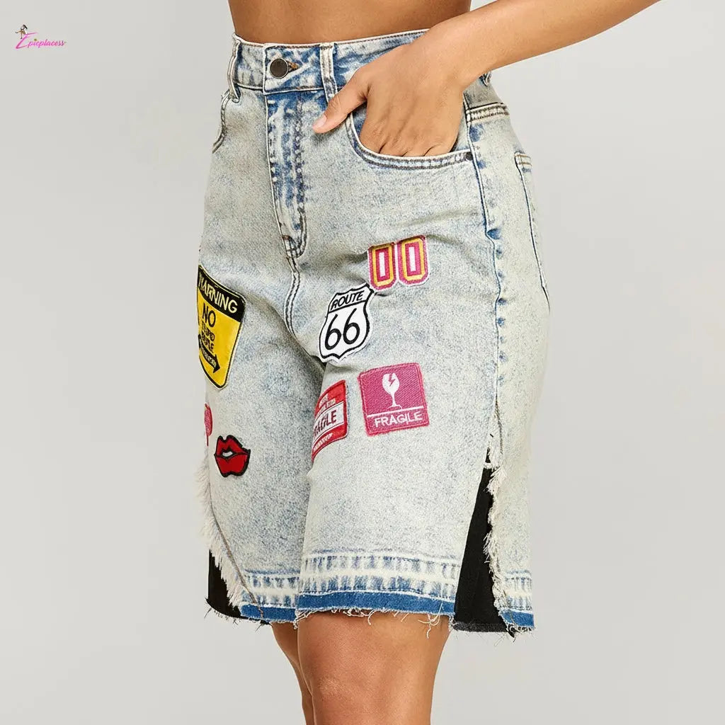 Denim skirt with patches on a beige background