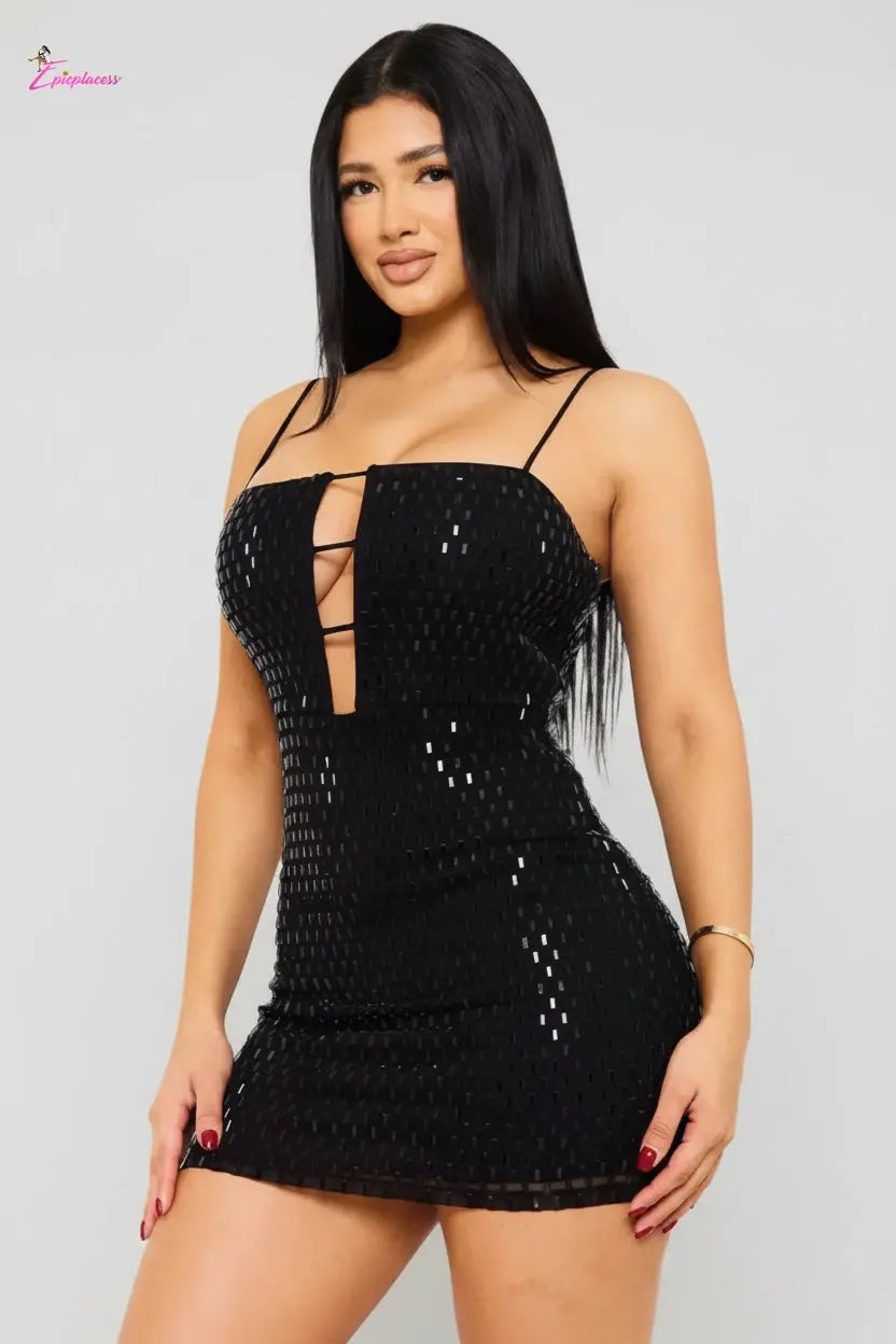 Rhinestone On Power Mesh Mini Dress - Epicplacess
