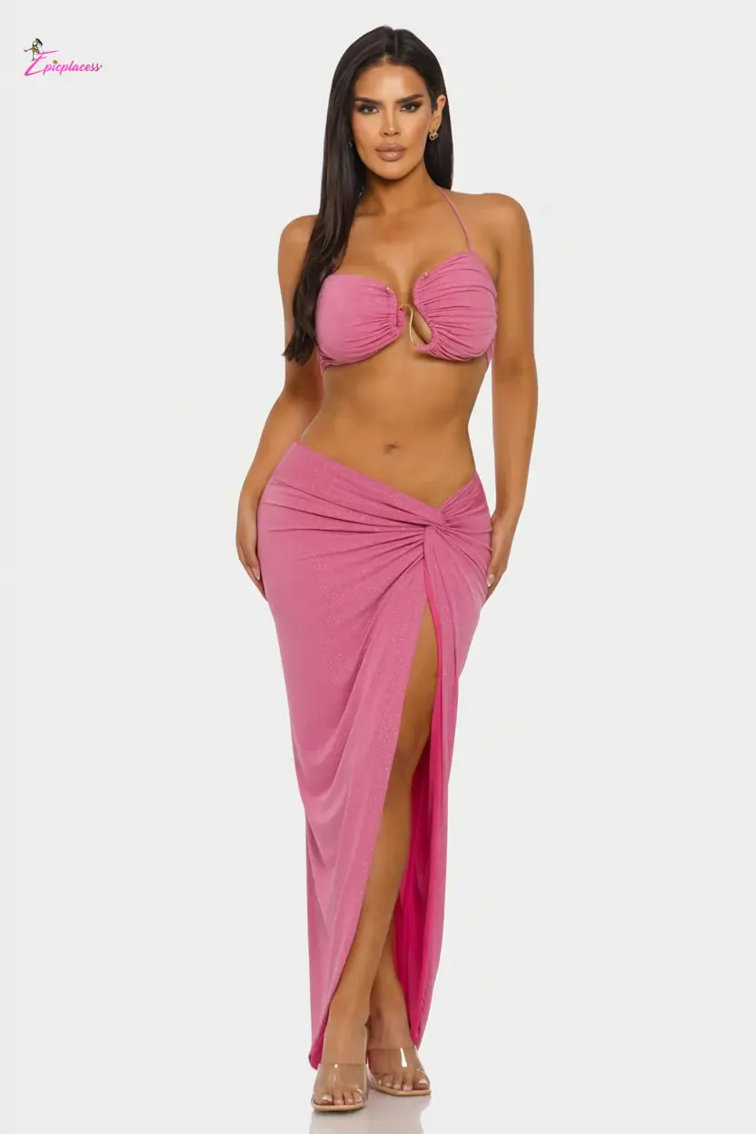 Ruched Halter Bra Top Twist-Front Maxi Skirt Set - Epicplacess