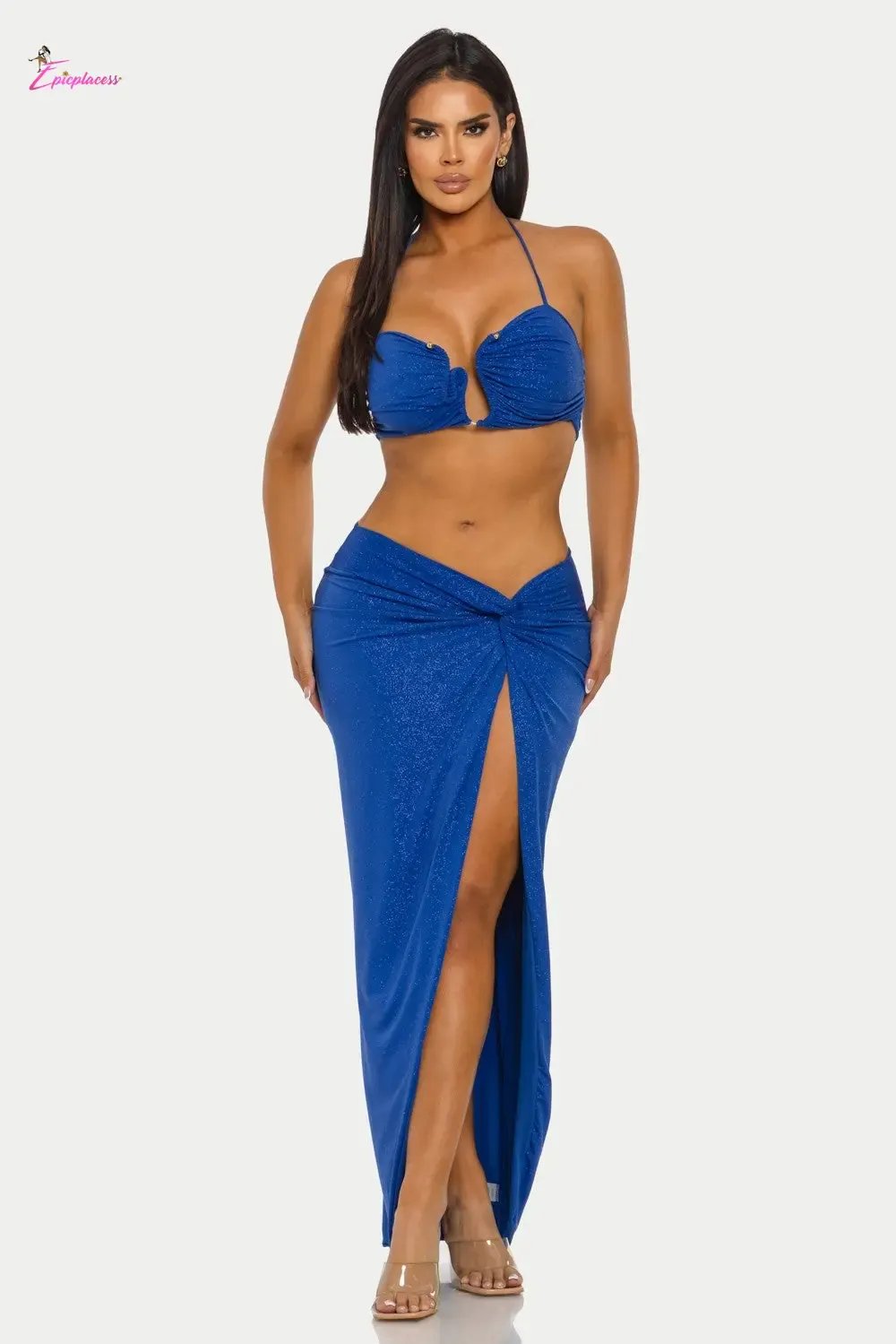 Ruched Halter Bra Top Twist-Front Maxi Skirt Set - Epicplacess