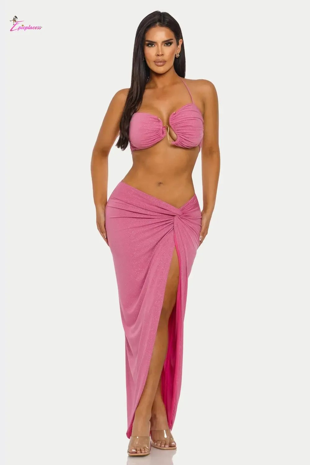 Ruched Halter Bra Top Twist-Front Maxi Skirt Set - Epicplacess