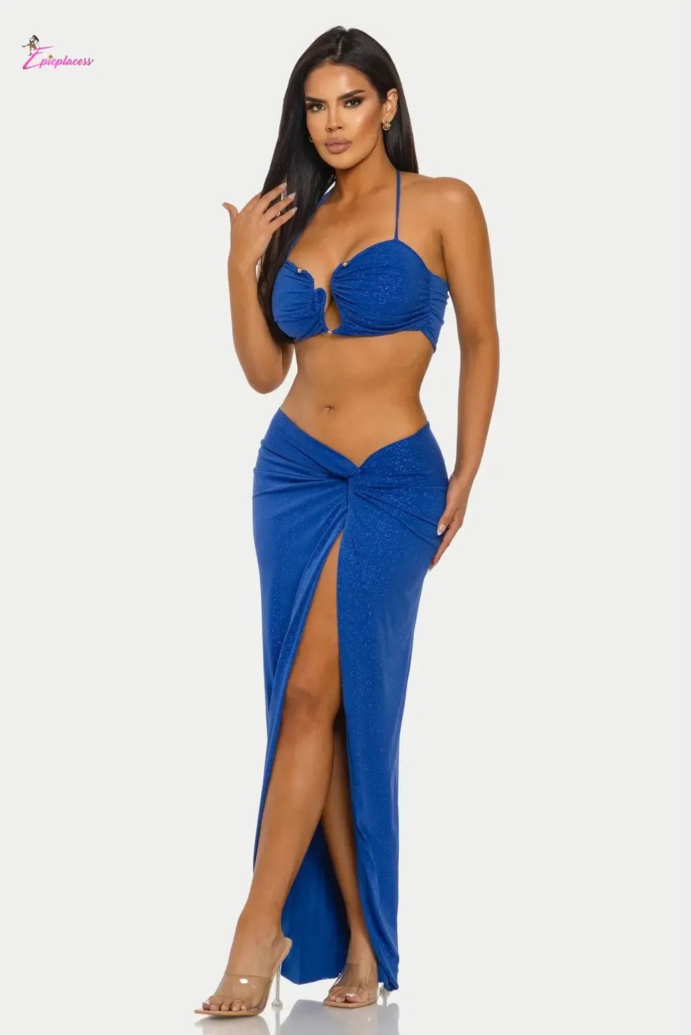 Ruched Halter Bra Top Twist-Front Maxi Skirt Set - Epicplacess