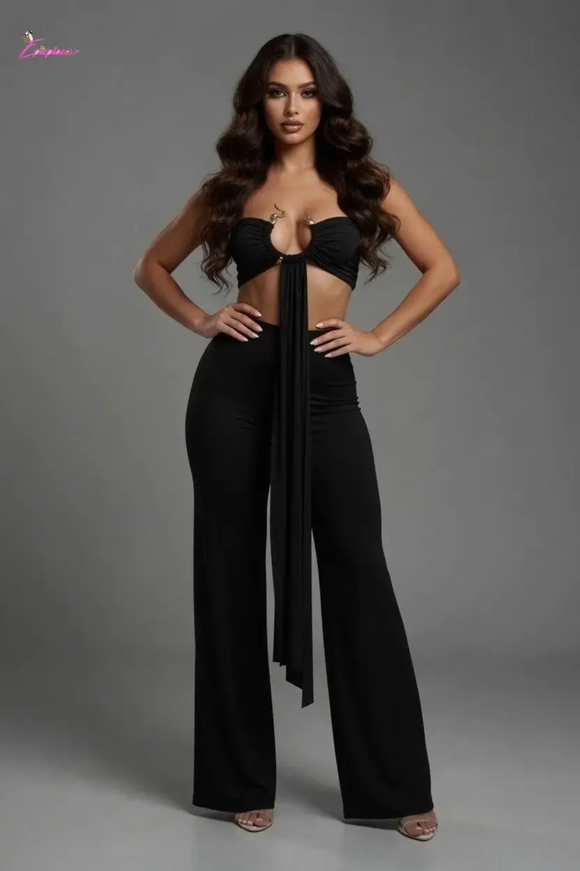 Serpent Charm Ruched Crop & Wide-Leg Pant Set - Epicplacess