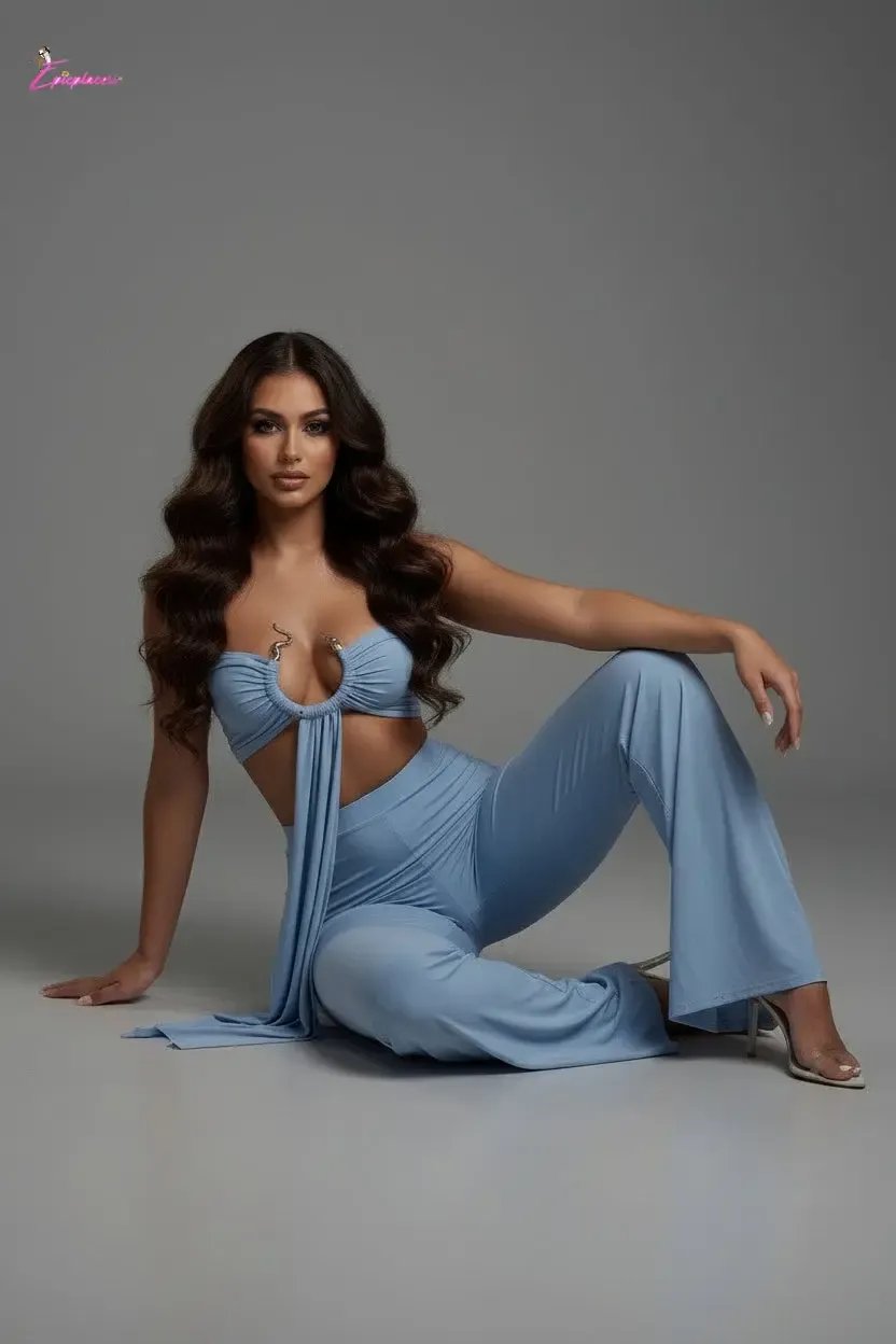 Serpent Charm Ruched Crop & Wide-Leg Pant Set - Epicplacess