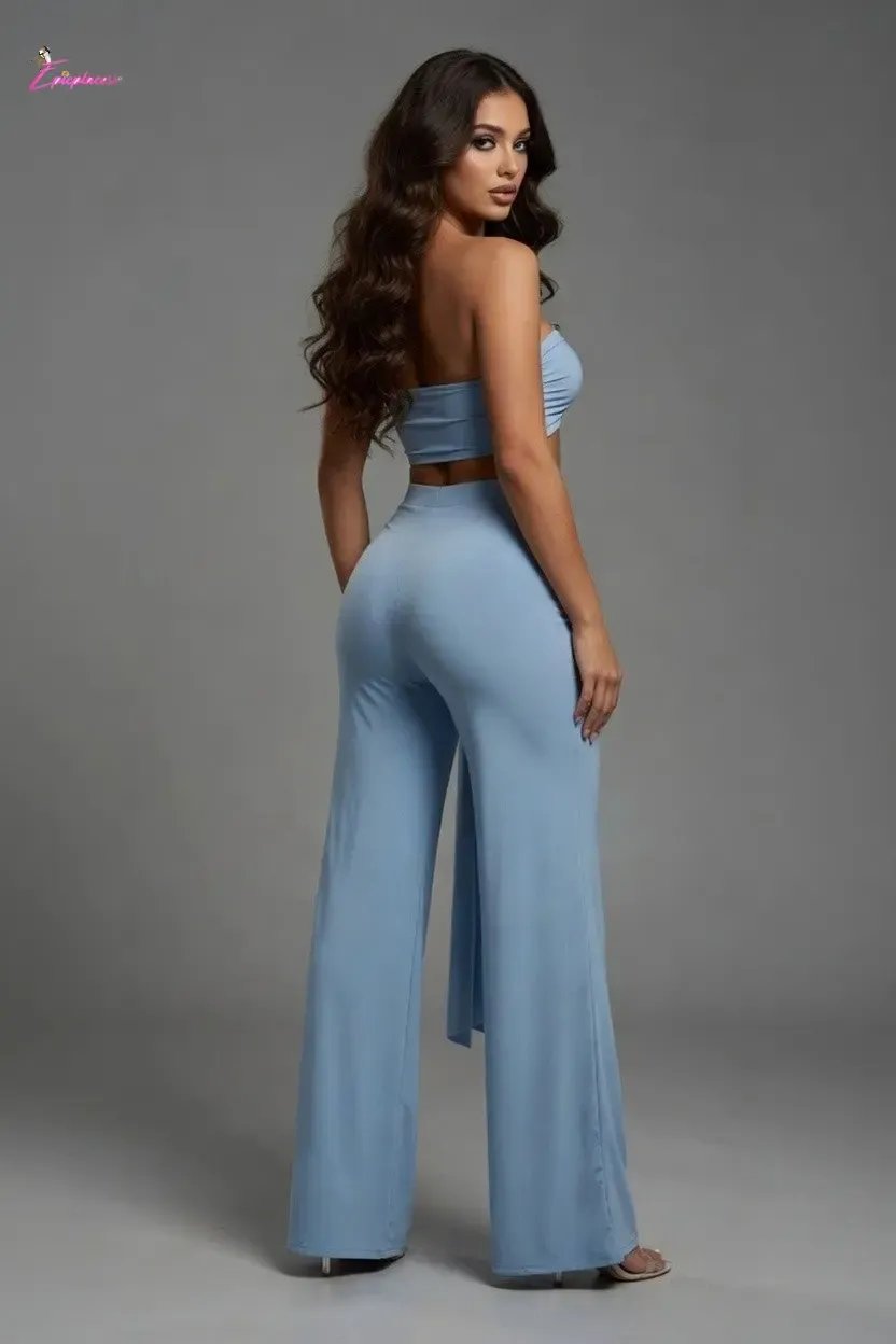Serpent Charm Ruched Crop & Wide-Leg Pant Set - Epicplacess