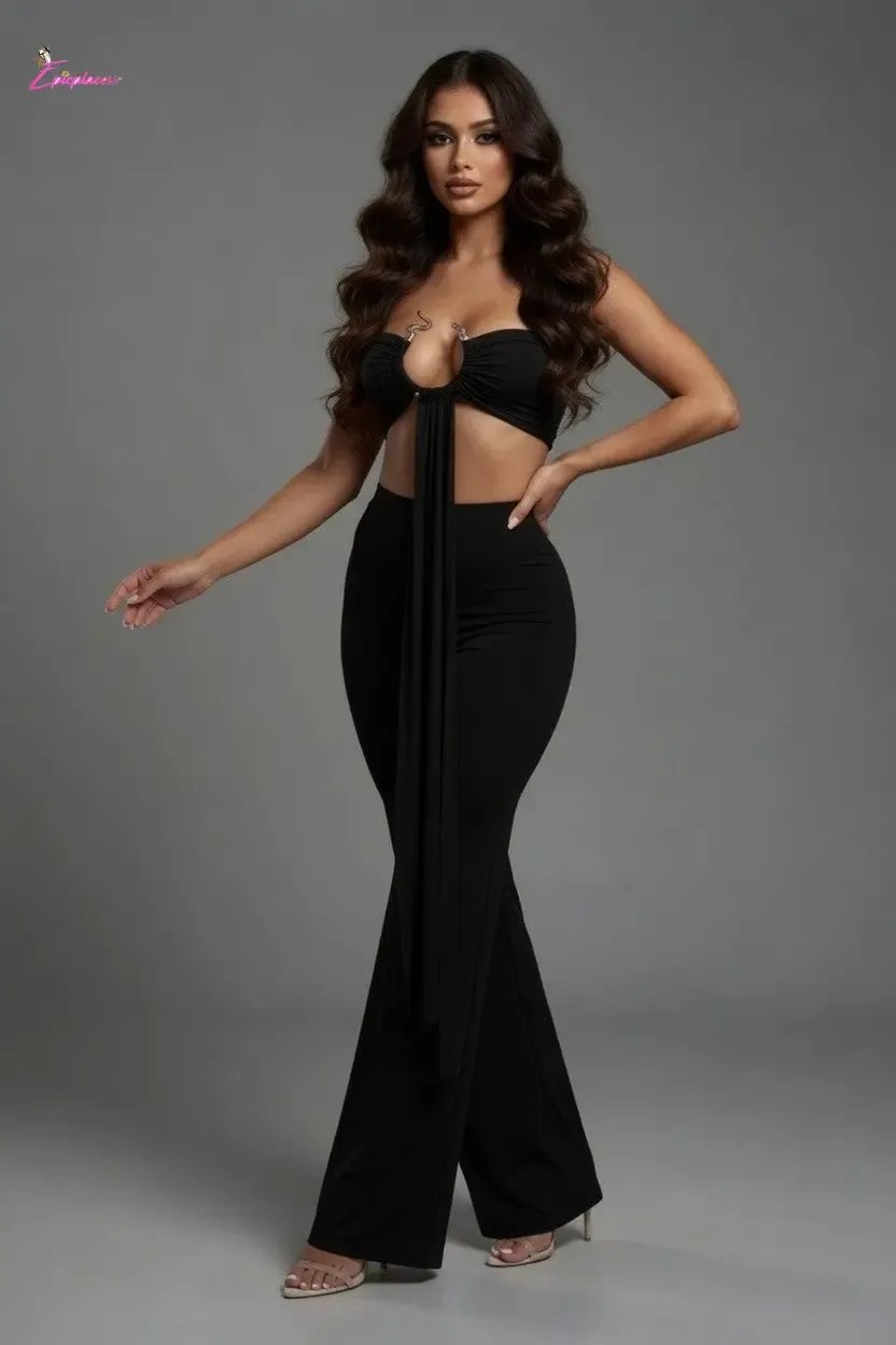 Serpent Charm Ruched Crop & Wide-Leg Pant Set - Epicplacess