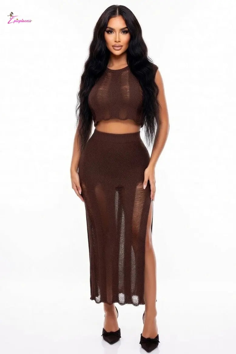 Sheer Distressed Knit Crop Top & Maxi Skirt Set - Epicplacess