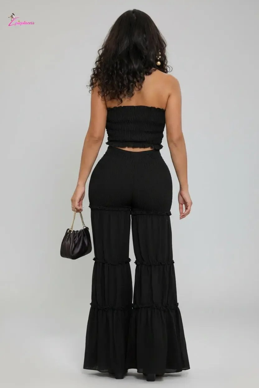 Smocked Ruffle Tube Top & Tiered Flare Pants Set - Epicplacess