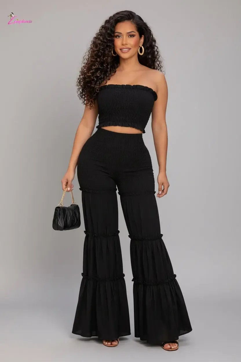 Smocked Ruffle Tube Top & Tiered Flare Pants Set - Epicplacess