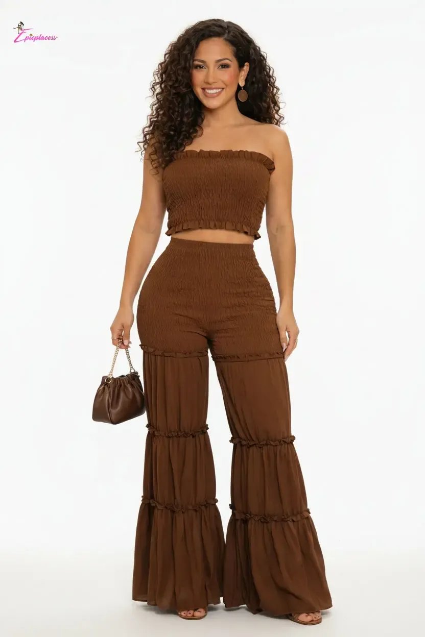 Smocked Ruffle Tube Top & Tiered Flare Pants Set - Epicplacess