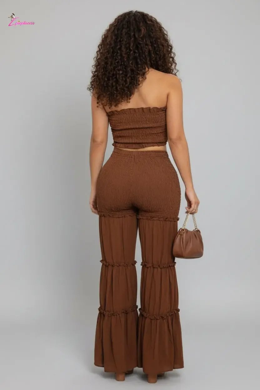 Smocked Ruffle Tube Top & Tiered Flare Pants Set - Epicplacess