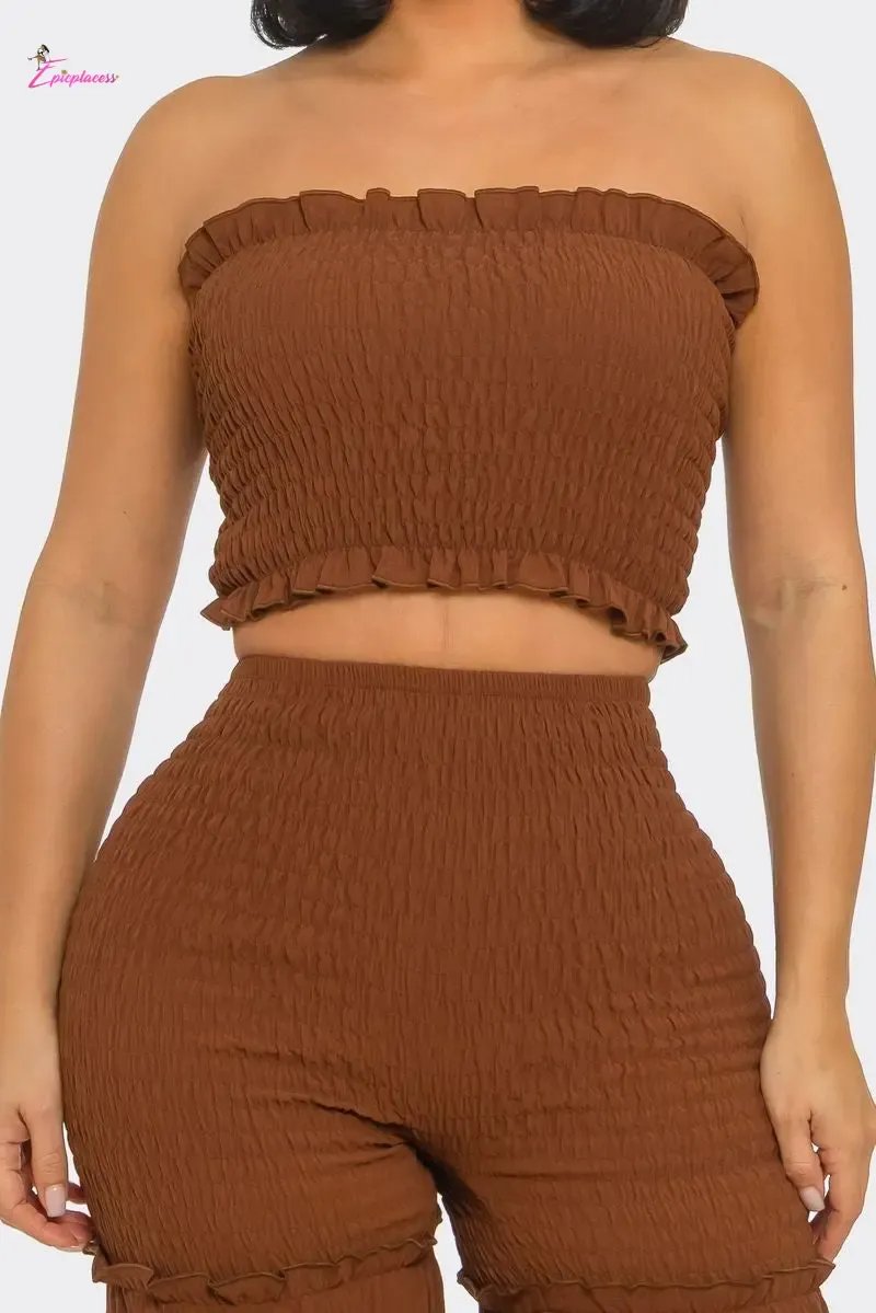 Smocked Ruffle Tube Top & Tiered Flare Pants Set - Epicplacess