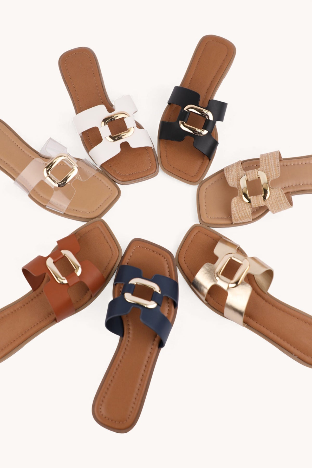 Women's Luxe Link square toe flat slide sandals, black and gold metallic link strap