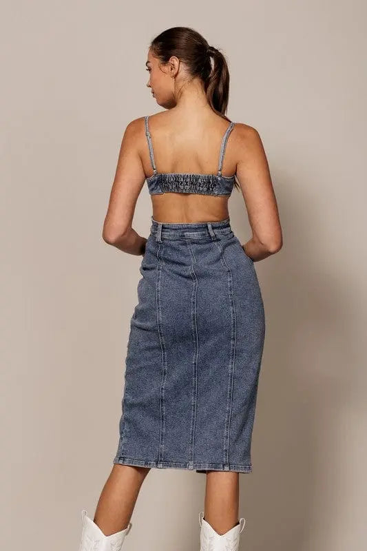 Sizzling Open Back Co Denim Midi Dress - Epicplacess