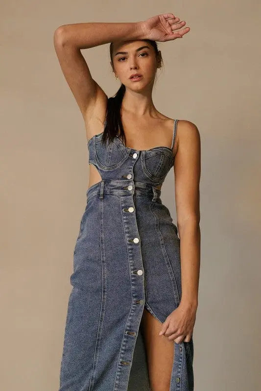 Sizzling Open Back Co Denim Midi Dress - Epicplacess