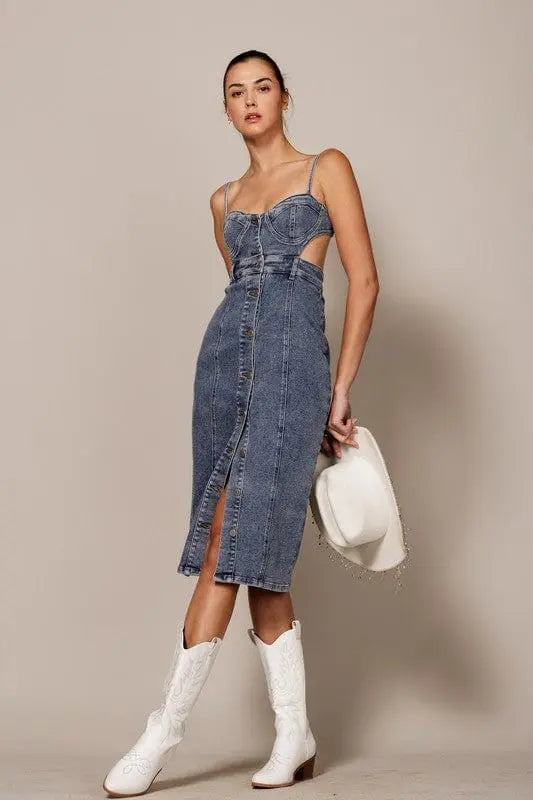 Sizzling Open Back Co Denim Midi Dress - Epicplacess